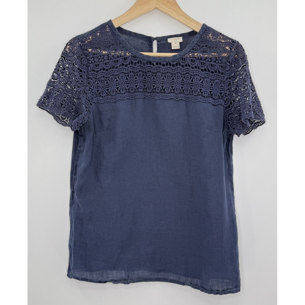 J.Crew Factory Navy Blue Crochet Lace Yoke Linen Short Sleeve Blouse Sz 4‎ Boho